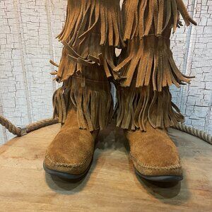 Minnetonka Women's 3-Layer Fringe Tall  Moccasins Boots brown suede 7